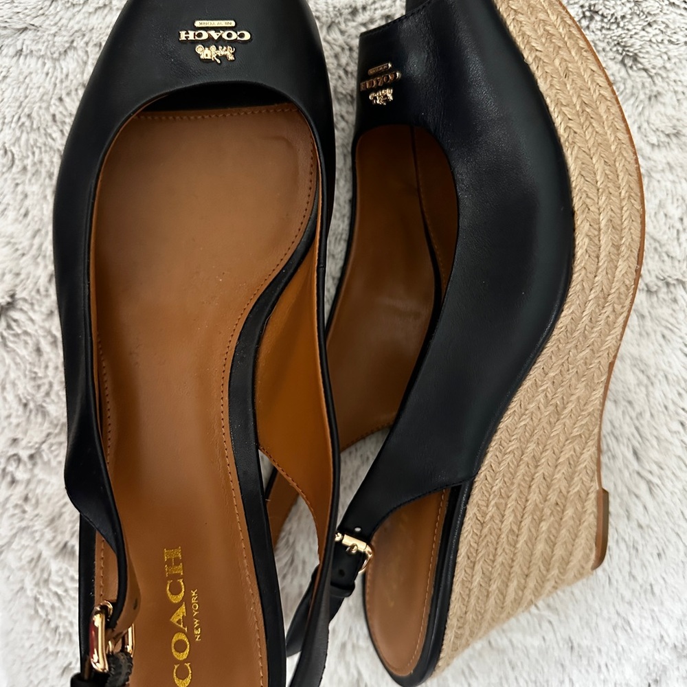Designer Coach Sling back open toe wedges. Size 10 Worn once. Black leather